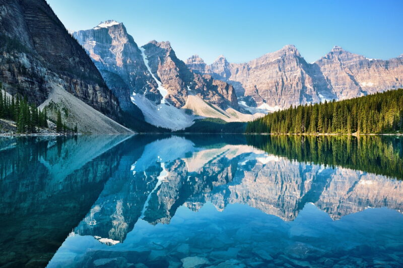 A pristine mountain lake reflecting towering peaks and evergreen forests, representing companies that lead with holistic sustainability practices that protect both people and the planet.