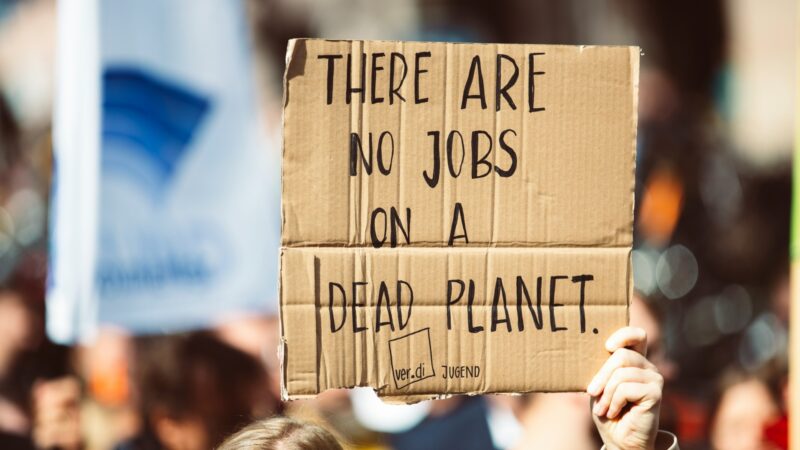 A person holds a cardboard sign at a protest that reads, "There are no jobs on a dead planet," highlighting that climate action is necessary and true impact extends far beyond carbon footprints. A blurred crowd and flag are visible in the background.